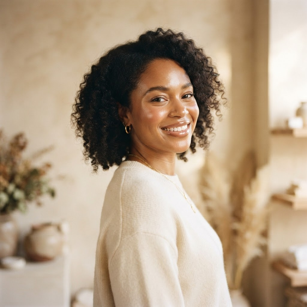A smiling woman with healthy, radiant skin